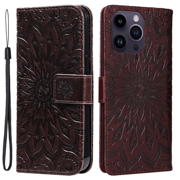 iPhone 15 Pro Max Læder Cover m. Pung og Strop - Mandala Blomst - Brun