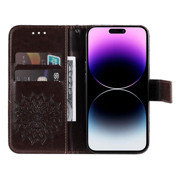 iPhone 15 Pro Max Læder Cover m. Pung og Strop - Mandala Blomst - Brun