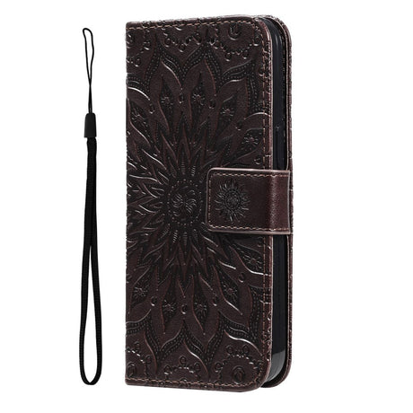 iPhone 15 Pro Max Læder Cover m. Pung og Strop - Mandala Blomst - Brun