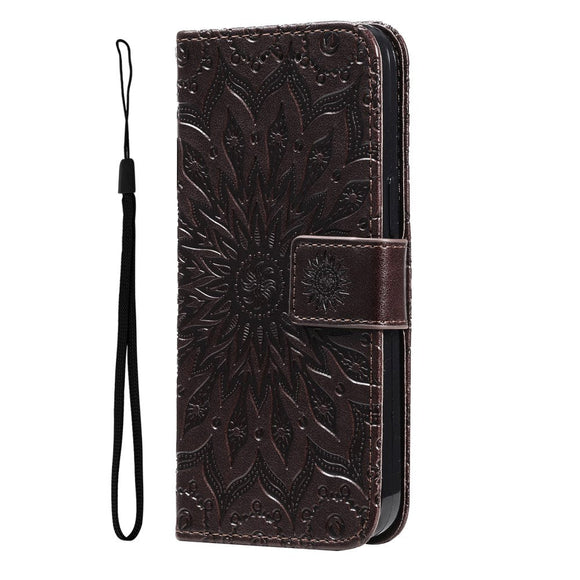 iPhone 15 Pro Max Læder Cover m. Pung og Strop - Mandala Blomst - Brun