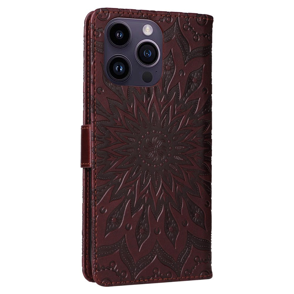 iPhone 15 Pro Max Læder Cover m. Pung og Strop - Mandala Blomst - Brun