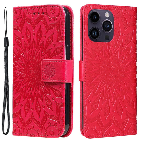 iPhone 15 Pro Max Læder Cover m. Pung og Strop - Mandala Blomst - Rød