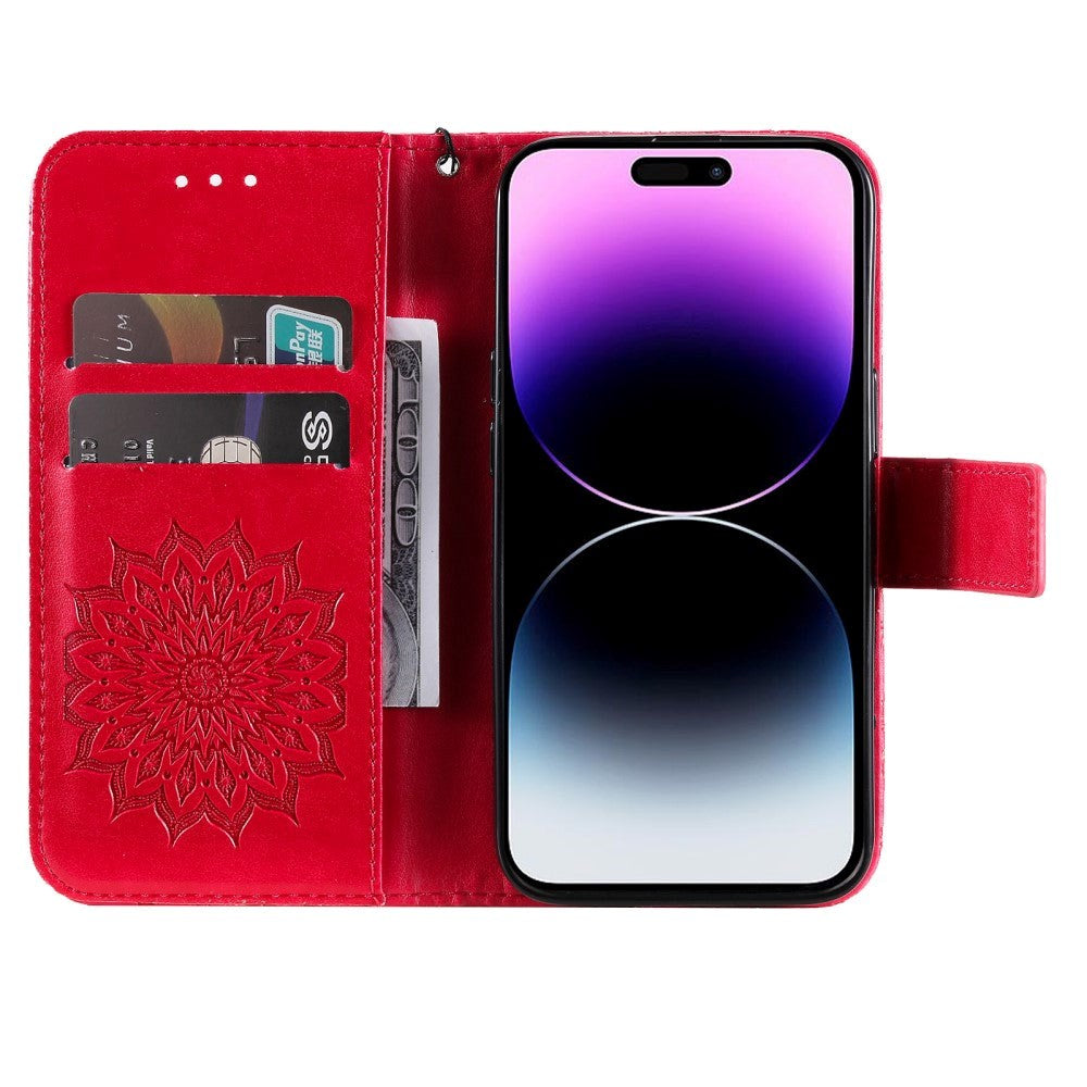iPhone 15 Pro Max Læder Cover m. Pung og Strop - Mandala Blomst - Rød