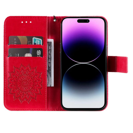 iPhone 15 Pro Max Læder Cover m. Pung og Strop - Mandala Blomst - Rød