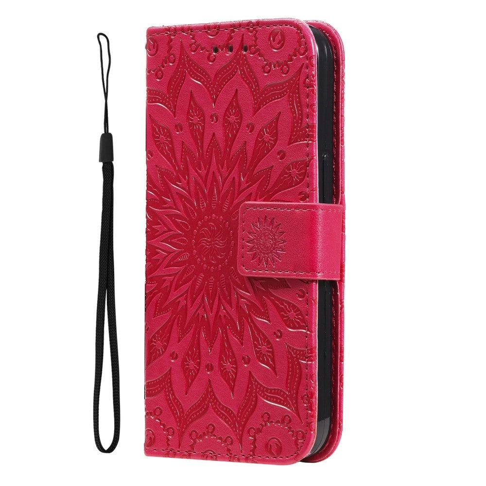 iPhone 15 Pro Max Læder Cover m. Pung og Strop - Mandala Blomst - Rød