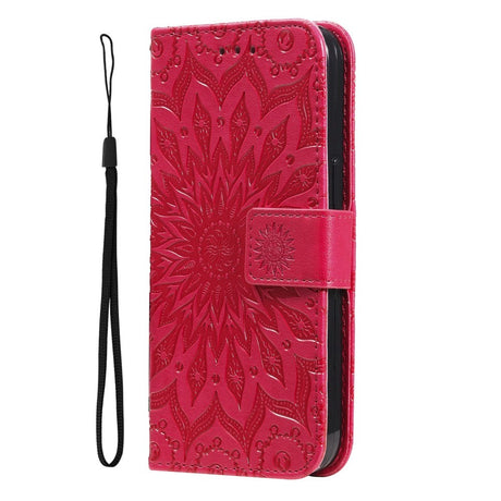 iPhone 15 Pro Max Læder Cover m. Pung og Strop - Mandala Blomst - Rød