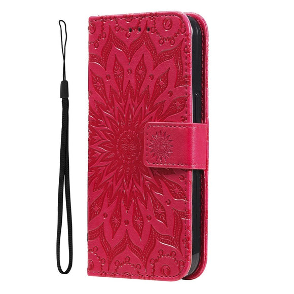 iPhone 15 Pro Max Læder Cover m. Pung og Strop - Mandala Blomst - Rød