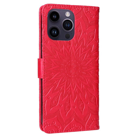 iPhone 15 Pro Max Læder Cover m. Pung og Strop - Mandala Blomst - Rød