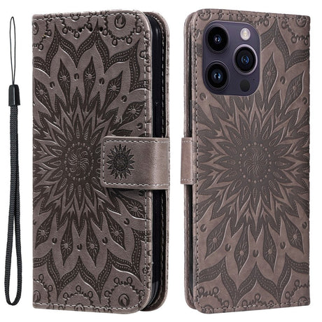 iPhone 15 Pro Max Læder Cover m. Pung og Strop - Mandala Blomst - Grå
