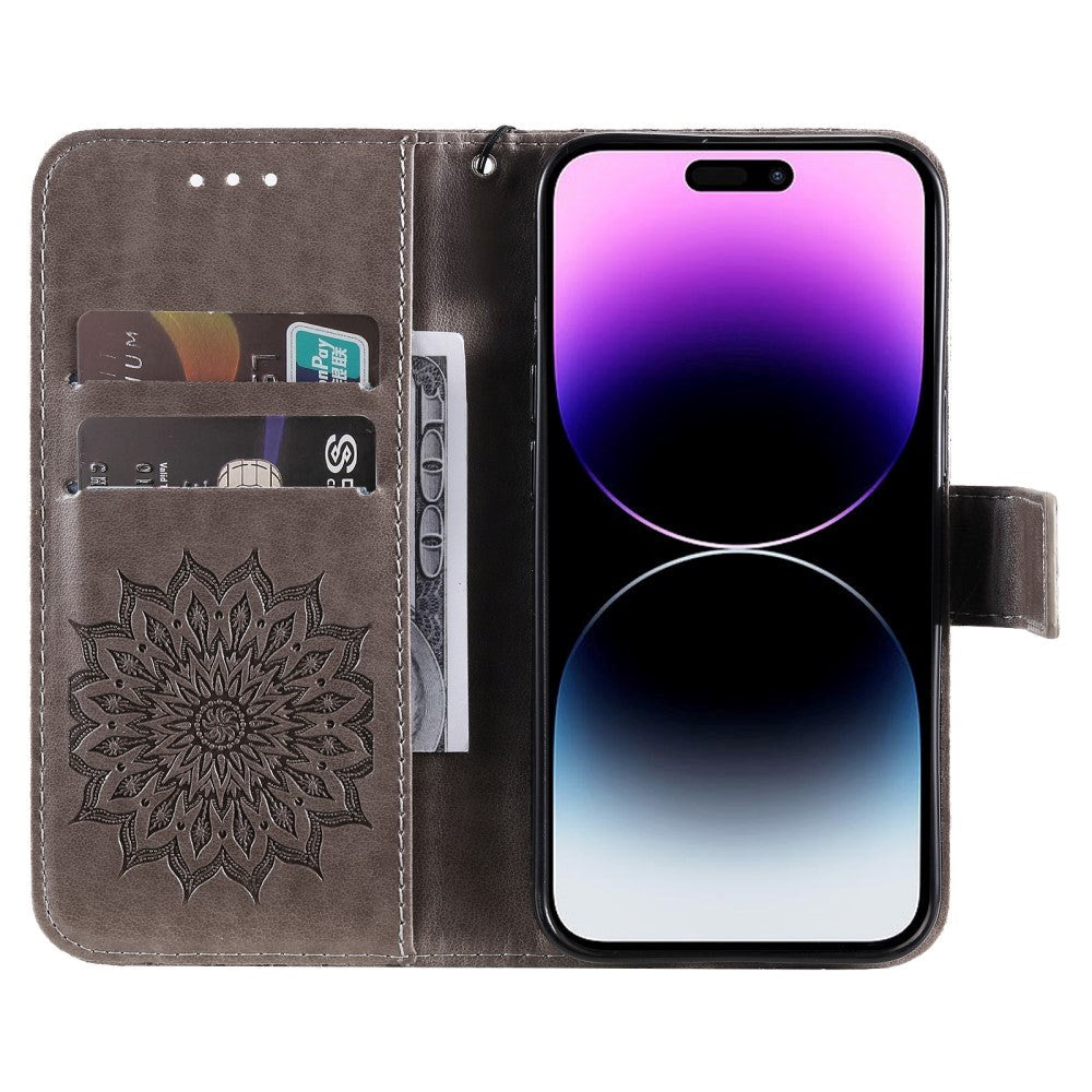 iPhone 15 Pro Max Læder Cover m. Pung og Strop - Mandala Blomst - Grå