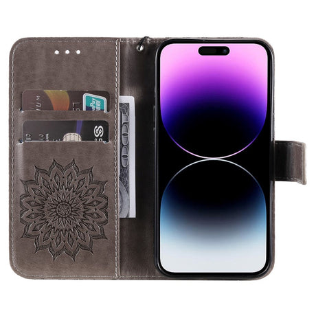 iPhone 15 Pro Max Læder Cover m. Pung og Strop - Mandala Blomst - Grå