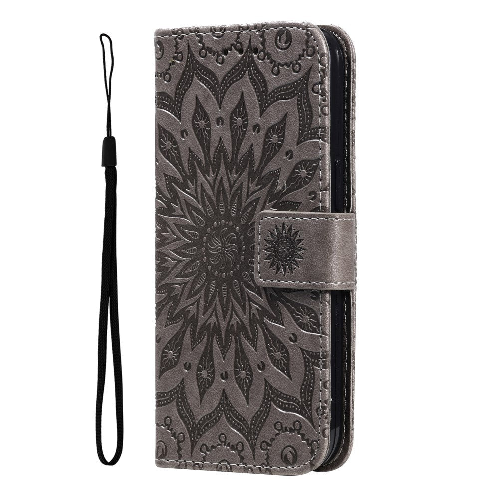 iPhone 15 Pro Max Læder Cover m. Pung og Strop - Mandala Blomst - Grå