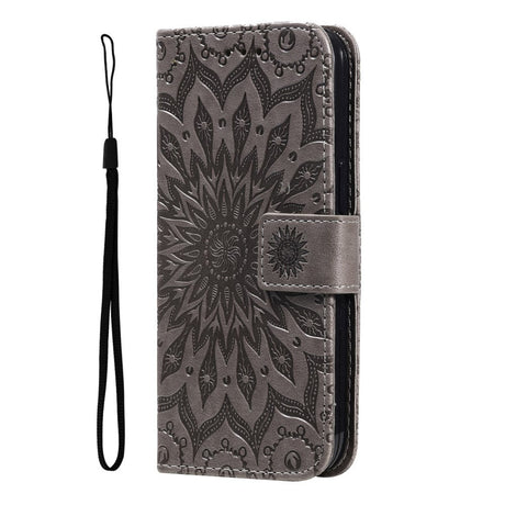iPhone 15 Pro Max Læder Cover m. Pung og Strop - Mandala Blomst - Grå