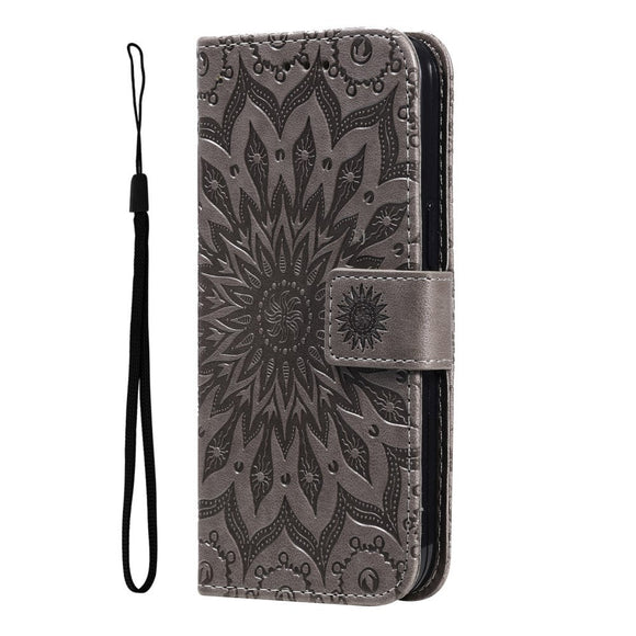 iPhone 15 Pro Max Læder Cover m. Pung og Strop - Mandala Blomst - Grå