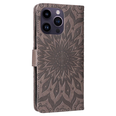 iPhone 15 Pro Max Læder Cover m. Pung og Strop - Mandala Blomst - Grå