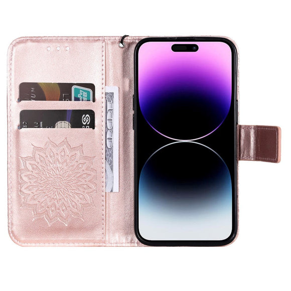 iPhone 15 Pro Max Læder Cover m. Pung og Strop - Mandala Blomst - Rose Gold