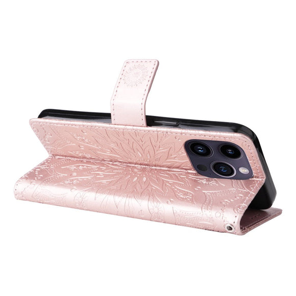 iPhone 15 Pro Max Læder Cover m. Pung og Strop - Mandala Blomst - Rose Gold