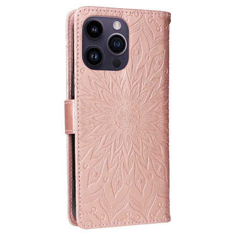 iPhone 15 Pro Max Læder Cover m. Pung og Strop - Mandala Blomst - Rose Gold