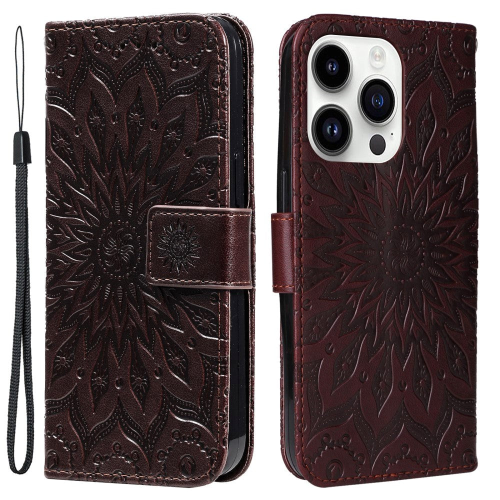 iPhone 15 Pro Læder Cover m. Pung og Strop - Mandala Blomst - Mørkebrun