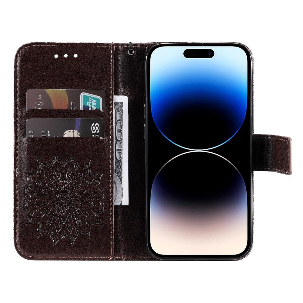 iPhone 15 Pro Læder Cover m. Pung og Strop - Mandala Blomst - Mørkebrun