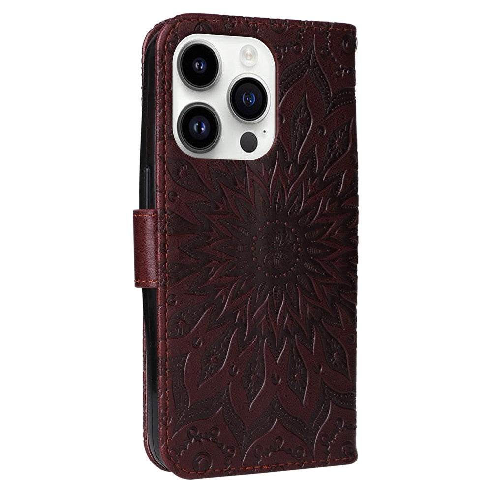 iPhone 15 Pro Læder Cover m. Pung og Strop - Mandala Blomst - Mørkebrun