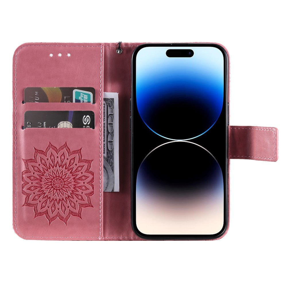 iPhone 15 Pro Læder Cover m. Pung og Strop - Mandala Blomst - Lyserød