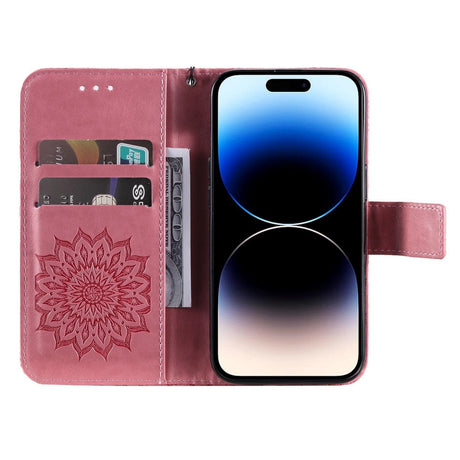 iPhone 15 Pro Læder Cover m. Pung og Strop - Mandala Blomst - Lyserød