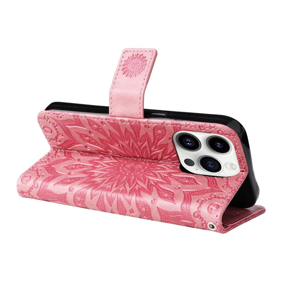 iPhone 15 Pro Læder Cover m. Pung og Strop - Mandala Blomst - Lyserød