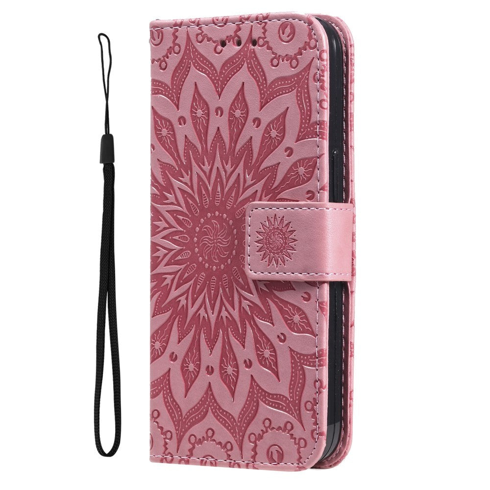 iPhone 15 Pro Læder Cover m. Pung og Strop - Mandala Blomst - Lyserød