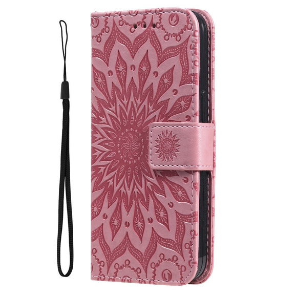iPhone 15 Pro Læder Cover m. Pung og Strop - Mandala Blomst - Lyserød