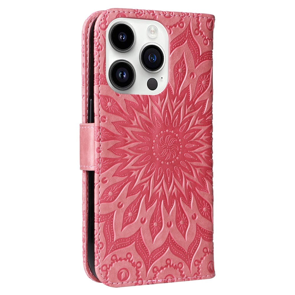 iPhone 15 Pro Læder Cover m. Pung og Strop - Mandala Blomst - Lyserød