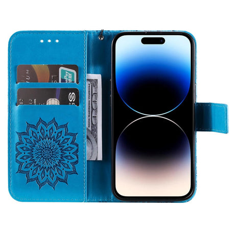 iPhone 15 Pro Læder Cover m. Pung og Strop - Mandala Blomst - Blå