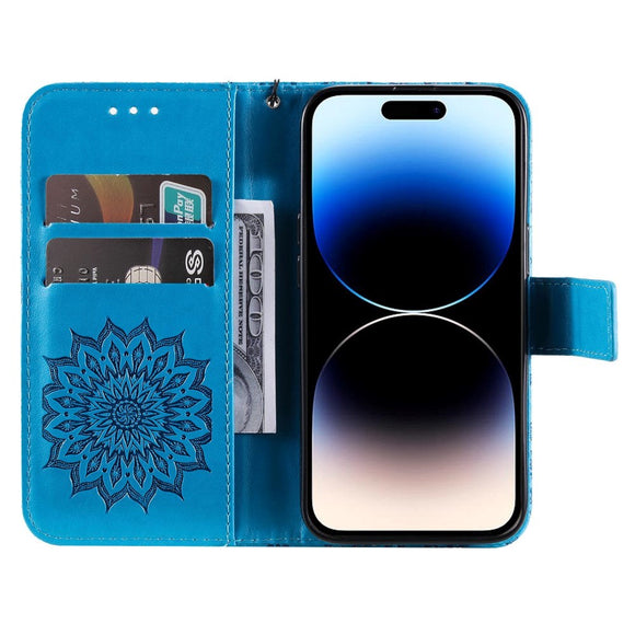 iPhone 15 Pro Læder Cover m. Pung og Strop - Mandala Blomst - Blå