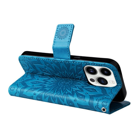 iPhone 15 Pro Læder Cover m. Pung og Strop - Mandala Blomst - Blå