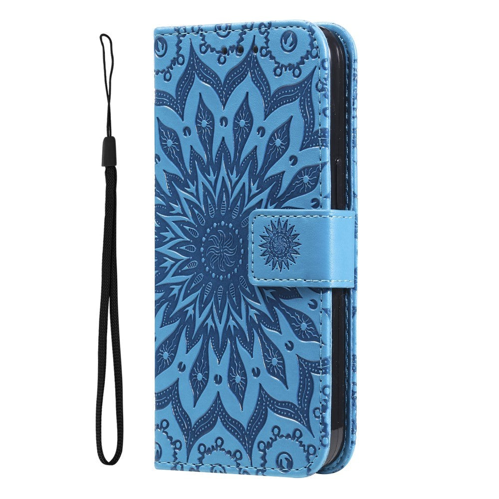 iPhone 15 Pro Læder Cover m. Pung og Strop - Mandala Blomst - Blå