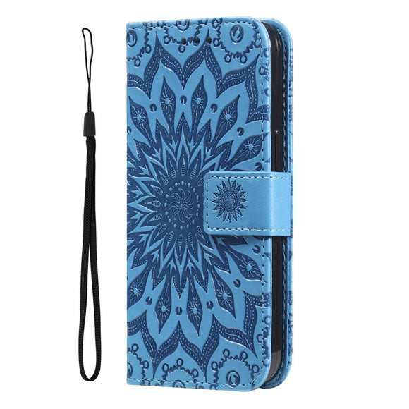 iPhone 15 Pro Læder Cover m. Pung og Strop - Mandala Blomst - Blå