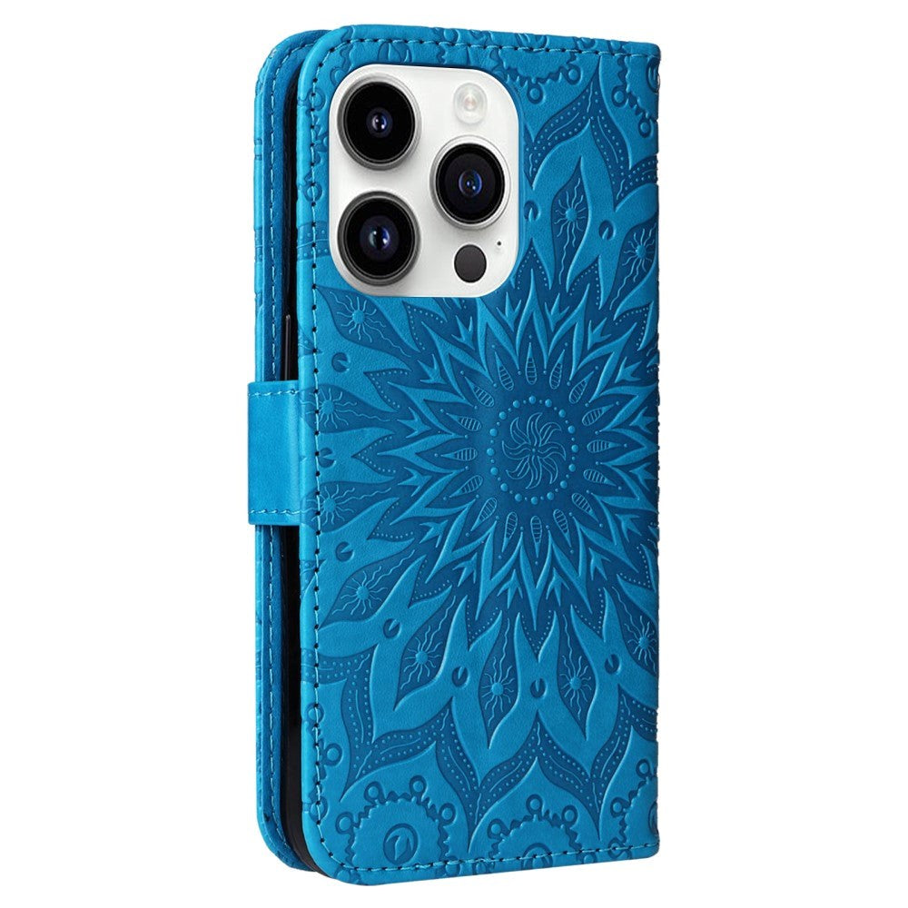 iPhone 15 Pro Læder Cover m. Pung og Strop - Mandala Blomst - Blå