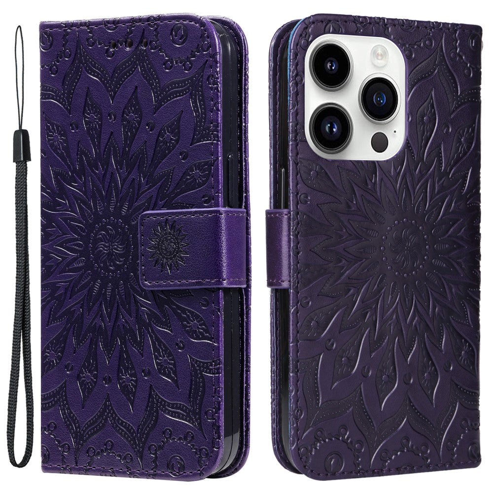 iPhone 15 Pro Læder Cover m. Pung og Strop - Mandala Blomst - Lilla