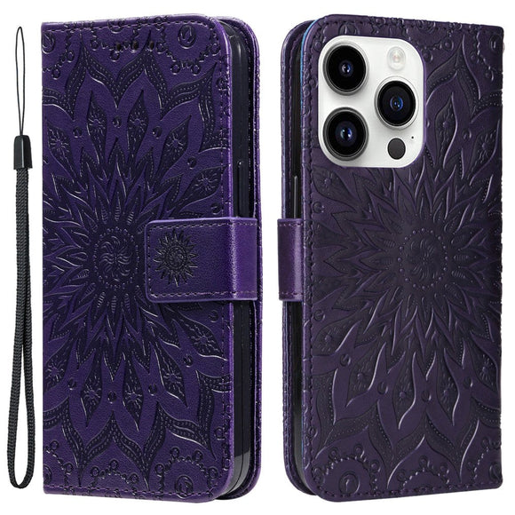 iPhone 15 Pro Læder Cover m. Pung og Strop - Mandala Blomst - Lilla