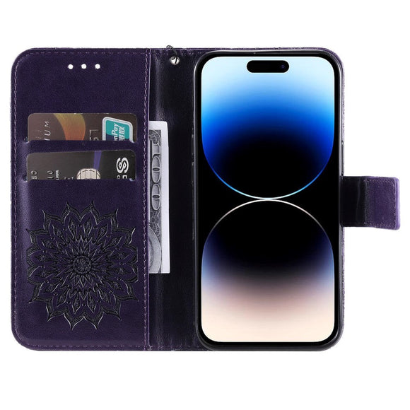 iPhone 15 Pro Læder Cover m. Pung og Strop - Mandala Blomst - Lilla