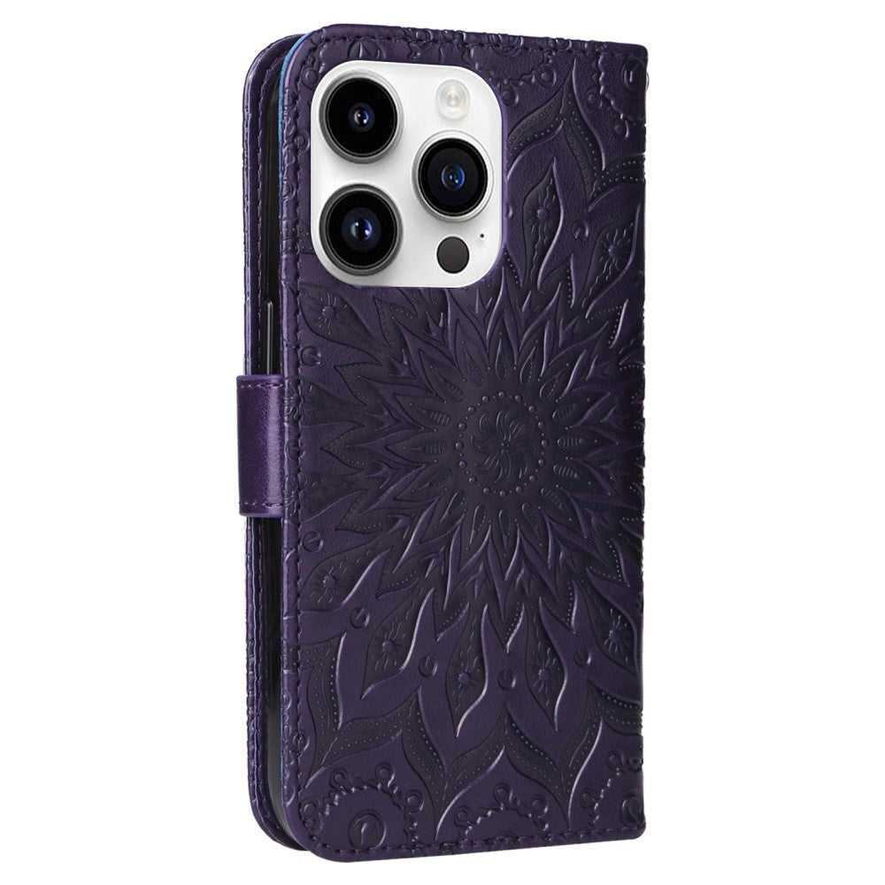 iPhone 15 Pro Læder Cover m. Pung og Strop - Mandala Blomst - Lilla