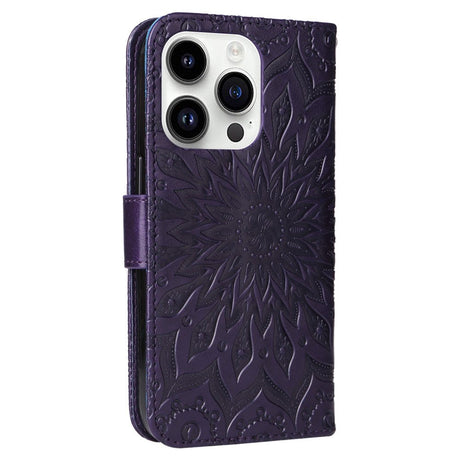 iPhone 15 Pro Læder Cover m. Pung og Strop - Mandala Blomst - Lilla