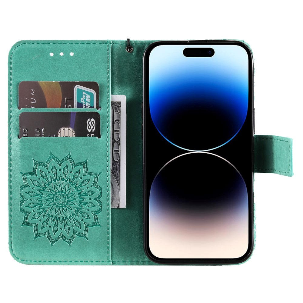 iPhone 15 Pro Læder Cover m. Pung og Strop - Mandala Blomst - Grøn