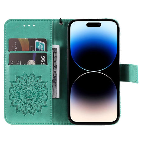 iPhone 15 Pro Læder Cover m. Pung og Strop - Mandala Blomst - Grøn