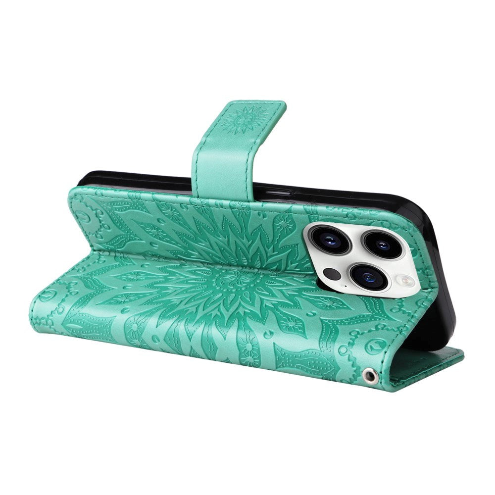 iPhone 15 Pro Læder Cover m. Pung og Strop - Mandala Blomst - Grøn