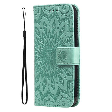 iPhone 15 Pro Læder Cover m. Pung og Strop - Mandala Blomst - Grøn
