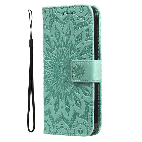 iPhone 15 Pro Læder Cover m. Pung og Strop - Mandala Blomst - Grøn