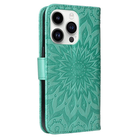 iPhone 15 Pro Læder Cover m. Pung og Strop - Mandala Blomst - Grøn