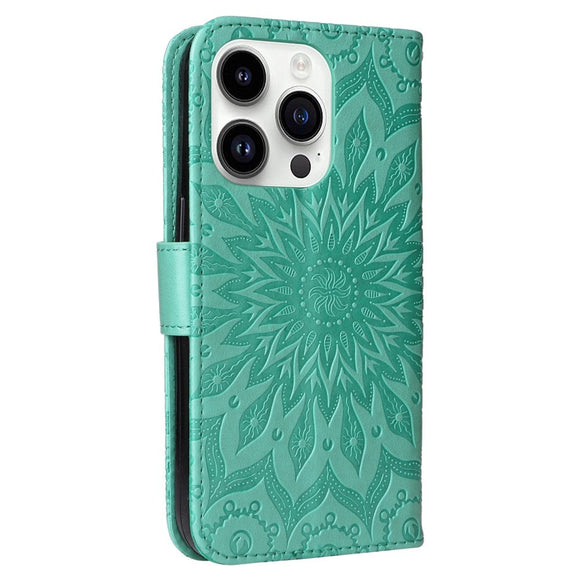 iPhone 15 Pro Læder Cover m. Pung og Strop - Mandala Blomst - Grøn