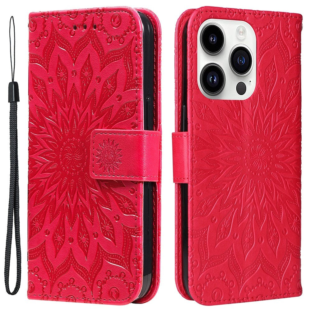 iPhone 15 Pro Læder Cover m. Pung og Strop - Mandala Blomst - Rød